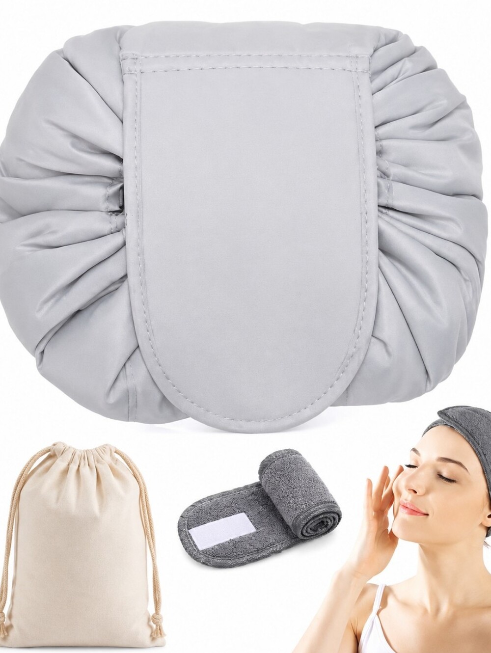 Lay Flat Drawstring Makeup Bag, Travel Cosmetic Pouch, Water-Resistant Toiletry